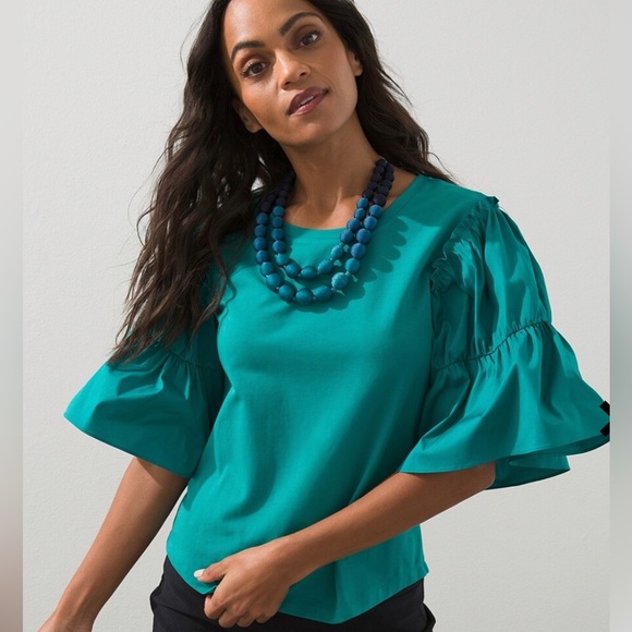 Chico’s Knit And Woven Tiered-Sleeve Top size 0 Small / Medium Envy Green - Picture 3 of 8